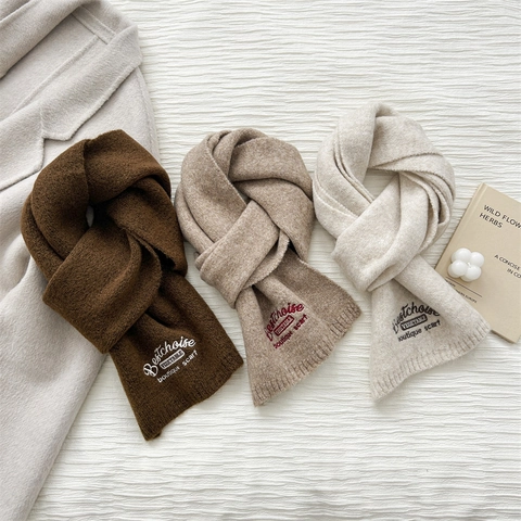 Knitted Scarf Wool Blend Warm Winter Embroidery Lettering Fashion Soft Neck Warmer Women