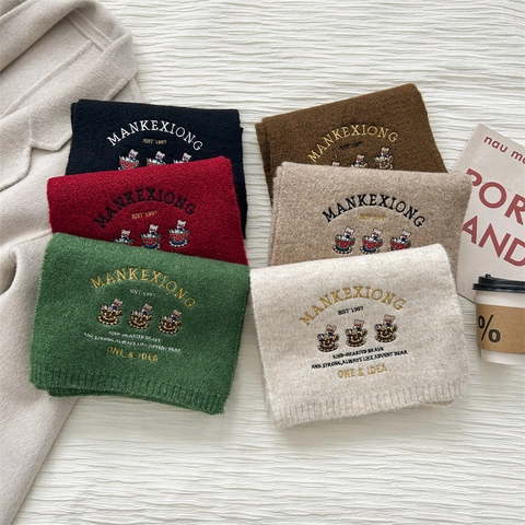 Wool Blend Knitted Scarf With Cartoon Bear Embroidery Warm Winter Neck Wrap Soft Thick Fashion For Women