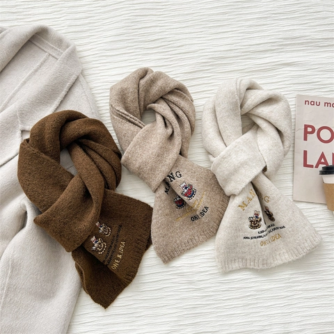 Wool Blend Knitted Scarf With Cartoon Bear Embroidery Warm Winter Neck Wrap Soft Thick Fashion For Women