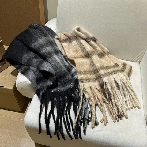 Bufanda De Cuadros Con Borlas Mujer Invierno Cálido Grueso Tacto Mohair Chal Extragrande Moda Patrón De Rejilla Calentador De Cuello