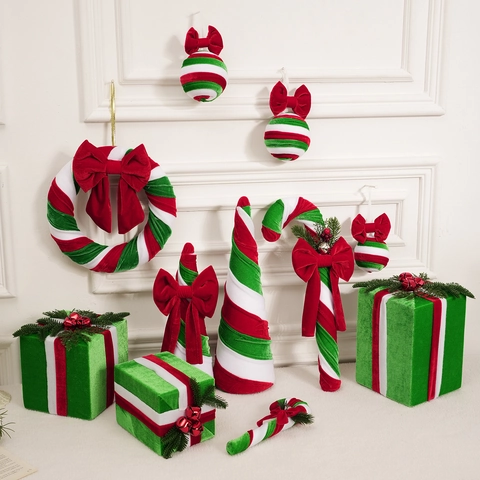 Ornamenti Decorativi Natalizi A Strisce Rosse Verdi Bianche Velluto Peluche Per Albero Arredamento Festa Scrivania Stile Retrò