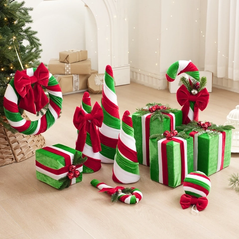 Ornamenti Decorativi Natalizi A Strisce Rosse Verdi Bianche Velluto Peluche Per Albero Arredamento Festa Scrivania Stile Retrò