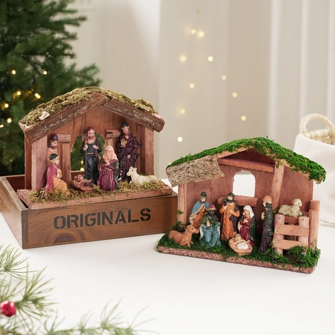 Presepe Vintage Stalla di Natale Con Statuine della Sacra Famiglia in Resina Legno Ornamento da Scrivania Religioso Decorazione