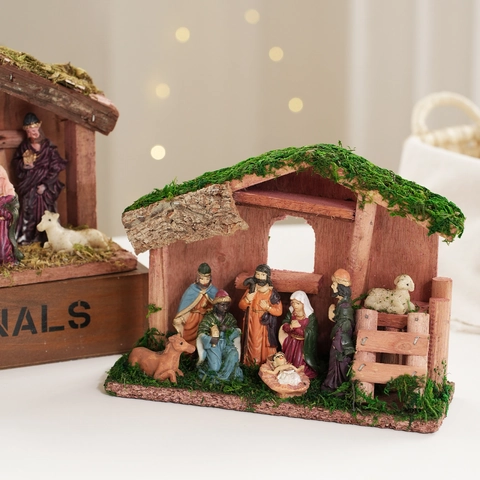 Presepe Vintage Stalla di Natale Con Statuine della Sacra Famiglia in Resina Legno Ornamento da Scrivania Religioso Decorazione