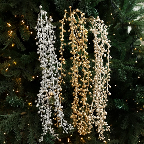 Tiges De Baies Artificielles Pour Sapin De Noël Branches Perlées Suspendues Pailletées Métalliques Décoration De Maison