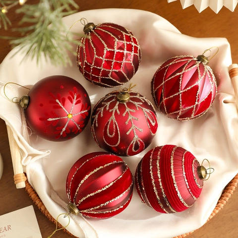 Palla di Natale Rossa Decorazione Con Glitter Oro Fiocchi di Neve Motivi a Griglia Ornamento Albero per Festa Casa