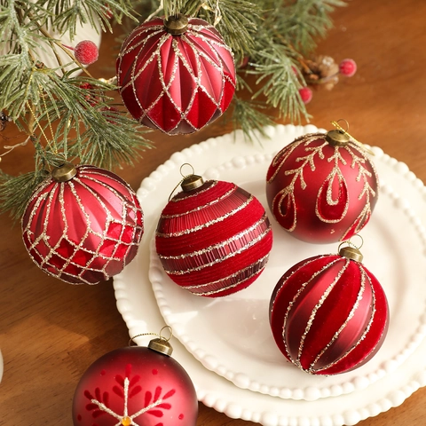 Palla di Natale Rossa Decorazione Con Glitter Oro Fiocchi di Neve Motivi a Griglia Ornamento Albero per Festa Casa