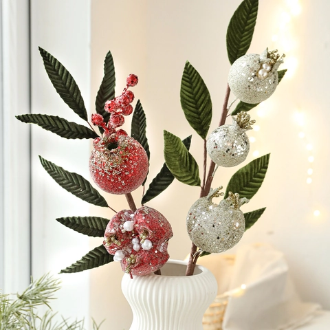 Ramo di Melograno Artificiale Con Glitter Bacche Rosse Decorazione Natalizia Gambo di Frutta in Schiuma per Casa Festa Fiori