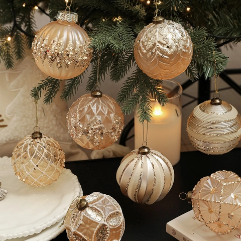 Palle di Natale Oro Champagne Vintage Brillantini Decorazione da Appendere Plastica Infrangibile Addobbi Feste