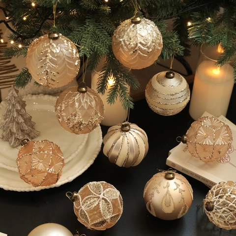Palle di Natale Oro Champagne Vintage Brillantini Decorazione da Appendere Plastica Infrangibile Addobbi Feste