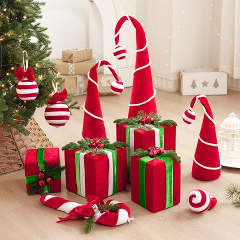 Decorazioni Natalizie Appese in Velluto Rosso Verde Scatola Regalo in Peluche Bastoncino di Zucchero Ornamento Albero di Natale Scena Festiva