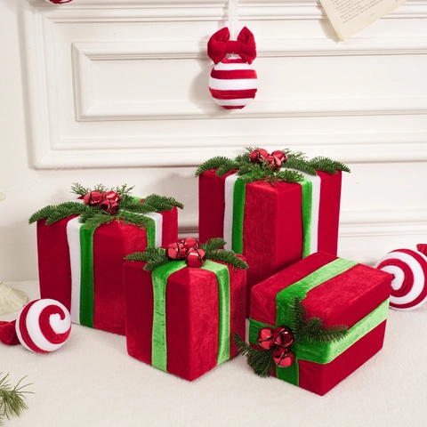 Decorazioni Natalizie Appese in Velluto Rosso Verde Scatola Regalo in Peluche Bastoncino di Zucchero Ornamento Albero di Natale Scena Festiva