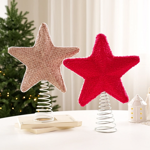 Cimier de Sapin de Noël Étoile Décoration Pentagramme en Tissu Avec Base à Ressort en Métal Rouge Or Velours Ornement pour Maison