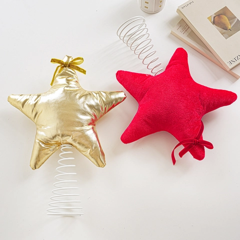 Cimier de Sapin de Noël Étoile Décoration Pentagramme en Tissu Avec Base à Ressort en Métal Rouge Or Velours Ornement pour Maison