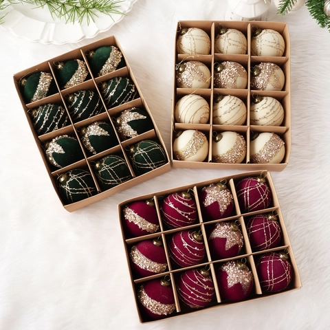 Flocked Christmas Ball Ornaments Glitter Painted Plastic Baubles For Tree Decoration Holiday Party Home Hanging Decorative Supplies