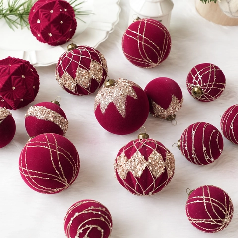 Flocked Christmas Ball Ornaments Glitter Painted Plastic Baubles For Tree Decoration Holiday Party Home Hanging Decorative Supplies