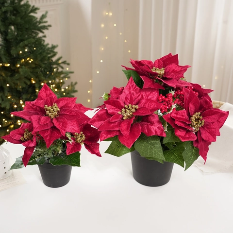 Artificial Christmas Poinsettia Potted Plant Red Velvet Flower With Golden Berries Green Leaf Holiday Home Tabletop Decoration