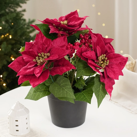 Artificial Christmas Poinsettia Potted Plant Red Velvet Flower With Golden Berries Green Leaf Holiday Home Tabletop Decoration
