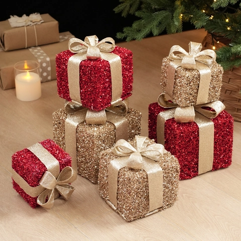 Weihnachts Dekorative Geschenkkarton Ornamente Eisen Glitzer Pailletten Hohle Schleife Für Festliche Baum Party Deko