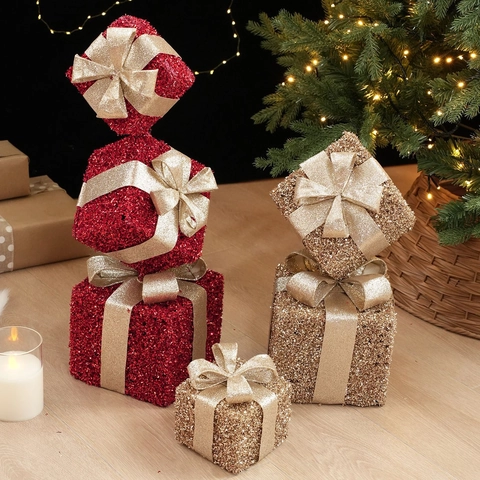 Weihnachts Dekorative Geschenkkarton Ornamente Eisen Glitzer Pailletten Hohle Schleife Für Festliche Baum Party Deko
