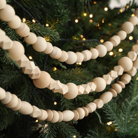 Natural Wood Bead Garland Christmas Tree Decor Multiple Shapes Wooden Beads With Jute Tassels Farmhouse Boho Hanging