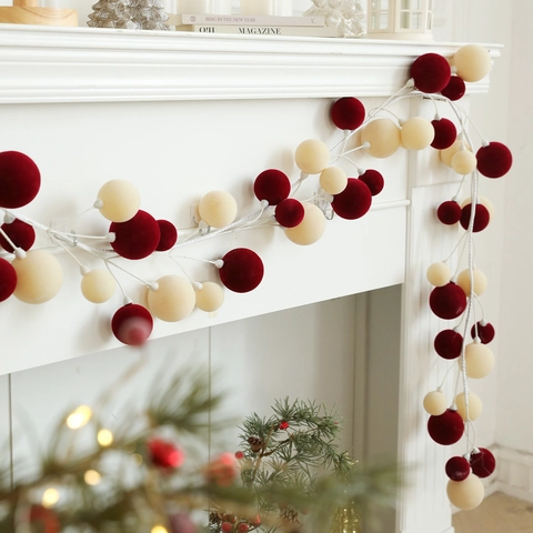 Ghirlanda Di Palle Di Natale Ornamenti In Velluto Floccato Per Camino Parete Elegante Decorazione Natalizia Rossa Verde Bianca