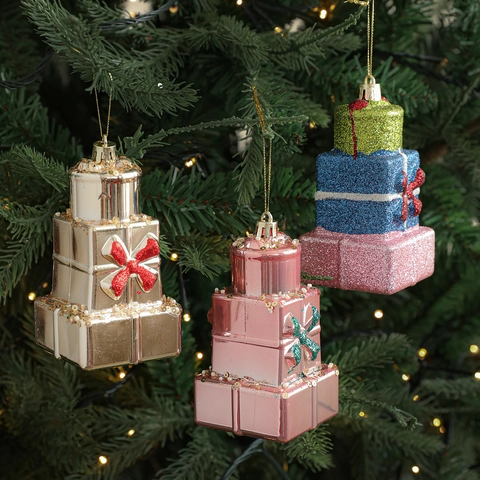 Christmas Tree Ornaments Stacked Gift Box Pendants Plastic Sparkling Glitter Bowknot Hanging Holiday Decoration Xmas Party