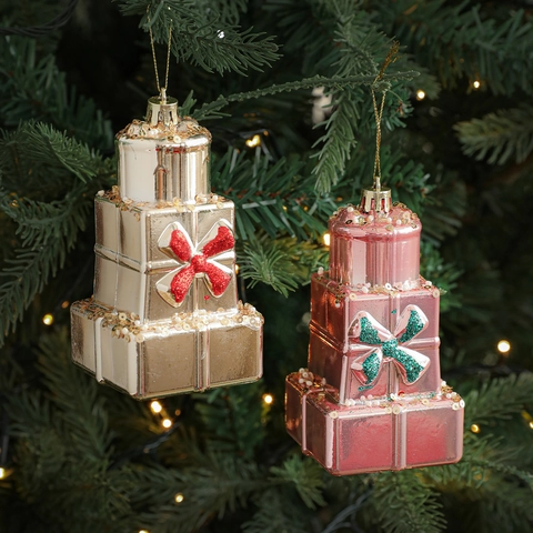 Christmas Tree Ornaments Stacked Gift Box Pendants Plastic Sparkling Glitter Bowknot Hanging Holiday Decoration Xmas Party