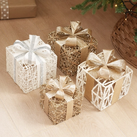 Weihnachtsdekoration Geschenkboxen Eisen Metall Glitzer Hohl Gitter Schleife Haus Urlaub Party Ornament