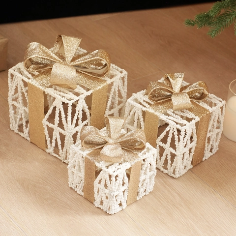 Weihnachtsdekoration Geschenkboxen Eisen Metall Glitzer Hohl Gitter Schleife Haus Urlaub Party Ornament
