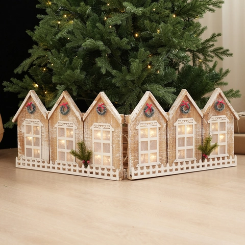 Christmas Tree Wooden Fence House Shaped LED Luminous Rustic Shabby Chic Base Decoration Festive Ornament
