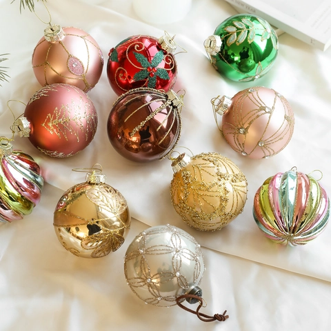 Christmas Ball Ornaments Glass Glitter Hand Painted Hanging Baubles For Holiday Tree Decoration Party Home Decor