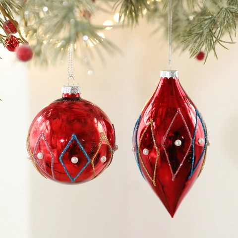 Palle di Natale in Vetro Decorazioni a Goccia e a Cipolla Pendenti con Brillantini e Perle Artificiali per Albero di Natale Casa