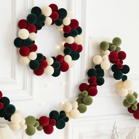 Christmas Wreath Garland Flocked Velvet Ball Strings Artificial Ornaments For Holiday Home Wall Fireplace Door Decor