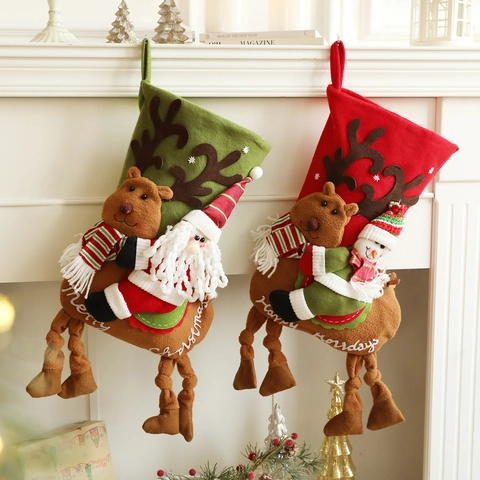 3D Cartoon Santa Claus Reindeer Snowman Plush Christmas Stocking For Home Fireplace Decor Festive Embroidery Hanging Gift Bag