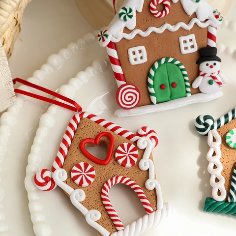 Christmas Gingerbread House Hanging Ornaments Polymer Clay Candy Cane Snowman Heart Vintage Xmas Tree Decor Holiday Gift