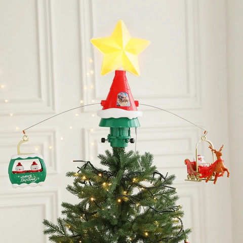 Weihnachtsbaumspitze Rotierender Weihnachtsmann Rentierschlitten Leuchtender Stern Elektrisch Dekorativ USB Kunststoff