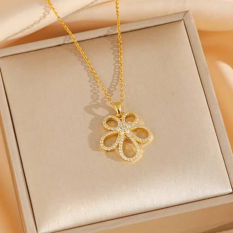 Titanium Steel Hollow Flower Necklace And Earrings Micro Pave Zircon Gold Plated Luxury Elegant Women Jewelry