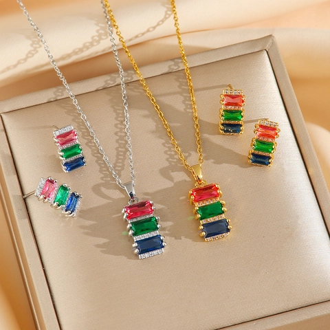 Rainbow Colorful Cubic Zirconia Necklace And Earrings Stainless Steel Geometric Rectangular Stone Jewelry For Women