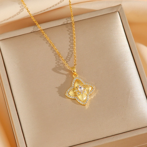 Elegant Clover Flower Necklace And Earrings Titanium Steel Zircon Inlaid Light Luxury Jewelry For Women