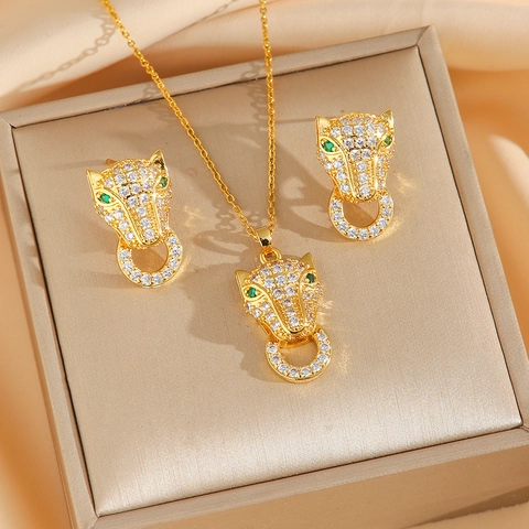 Collana Testa Di Leopardo E Orecchini Da Donna Acciaio Al Titanio Zircone Gioielli Pantera Accessorio Statement Oro