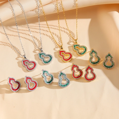 Collar Pendiente Calabaza Pendientes Joyería Acero Titanio Cobre Circón Esmalte Retro Estilo Chino Para Mujeres