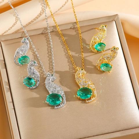 Panther Head Jewelry Necklace And Earrings Titanium Steel Green Gemstone Zircon Paved Elegant Luxury Women Fashion Accessories