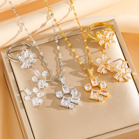 Titanstahl Blume Geometrische Halskette Ohrstecker Und Verstellbarer Ring Zirkonia Einlage Luxus Eleganter Stil Damen