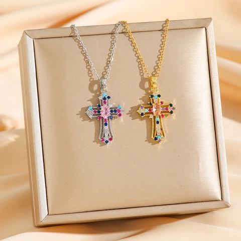 Vintage Punk Kruis Hanger Ketting Roestvrij Staal Met Gekleurde Zirkonia Ingelegd Luxe Religieuze Stijl Voor Dames