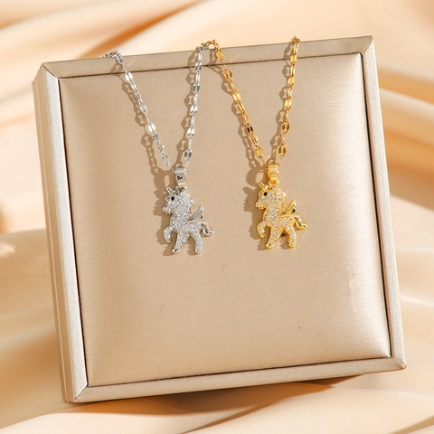 Collana Con Ciondolo Unicorno Pegaso Acciaio Al Titanio Pavé Strass Lucido Stile Fata Catena Clavicola Gioielli Per Donna