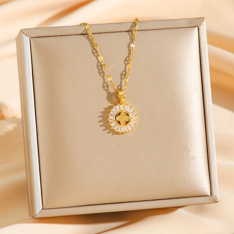 Collana Con Ciondolo Quadrifoglio Fiore Del Sole Acciaio Al Titanio Zirconia Cubica Intarsiata Moda Minimalista Per Donne