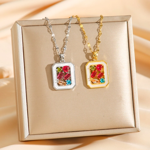 Colorful Zircon Rectangular Pendant Necklace Titanium Steel Inlaid Elegant Vintage Square Plate For Women