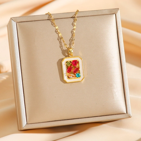 Colorful Zircon Rectangular Pendant Necklace Titanium Steel Inlaid Elegant Vintage Square Plate For Women