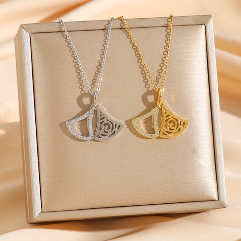 Titanstahl Doppelschicht Anhänger Halskette Ginkgo Blatt Fächer Hohlrose Strass Mode Schmuck Für Damen Eleganz